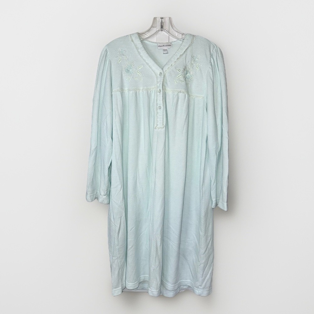 Miss Elaine Nightgown Womens Large Mint Green Cozy Knit Embroidered Sleepwear L